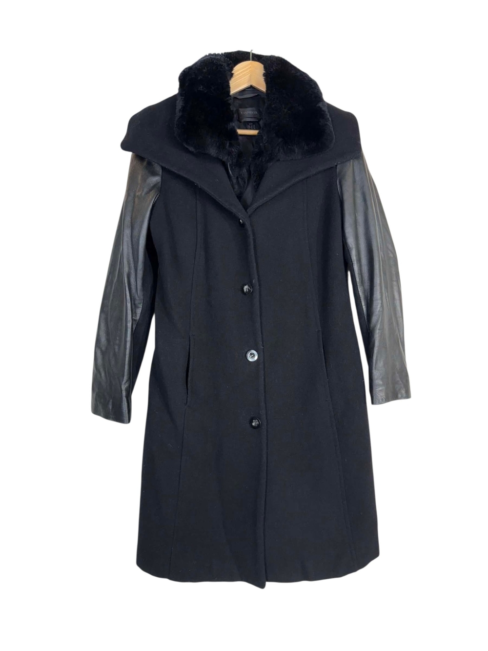 Danier Black Wool Coat with Faux Fur Collar and Leather Sleeves